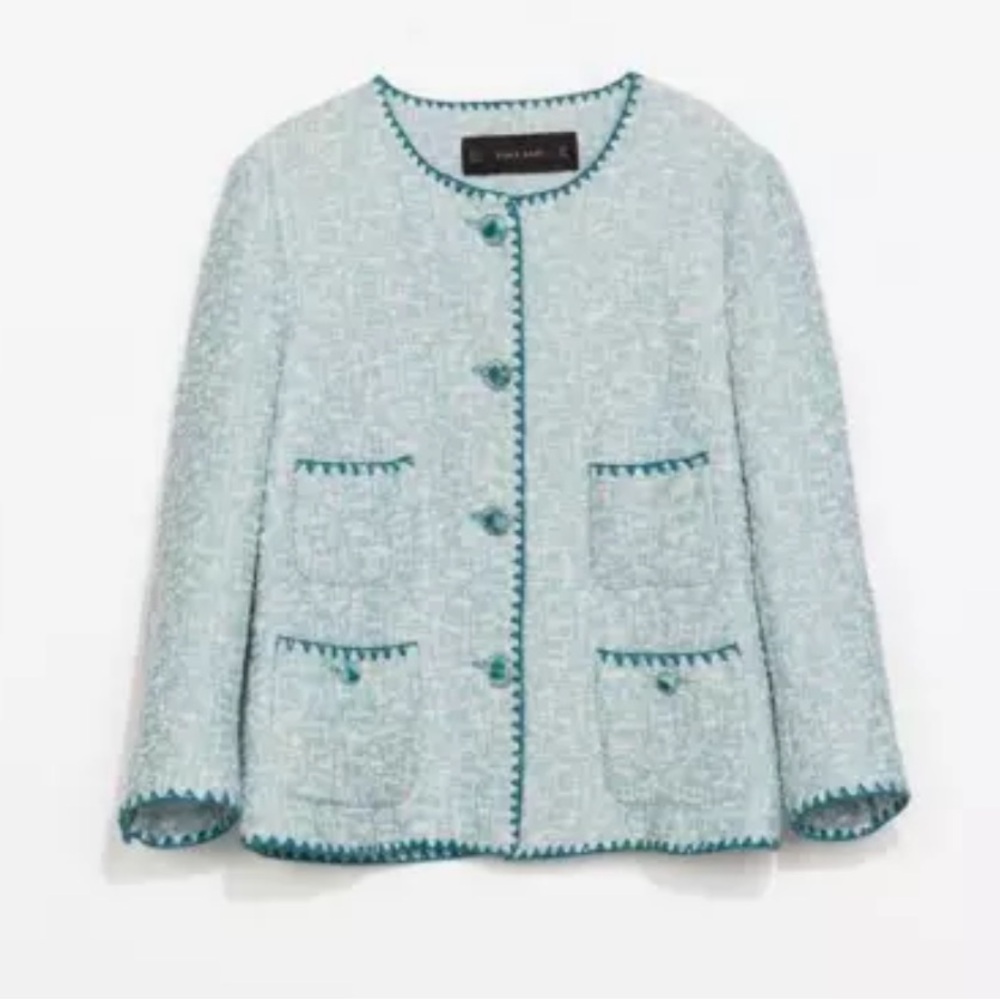 ZARA BLUE ECRU CONTRAST BLAZER TWEED WEAVE JACKET COAT SIZE S NEW - Picture 12 of 13